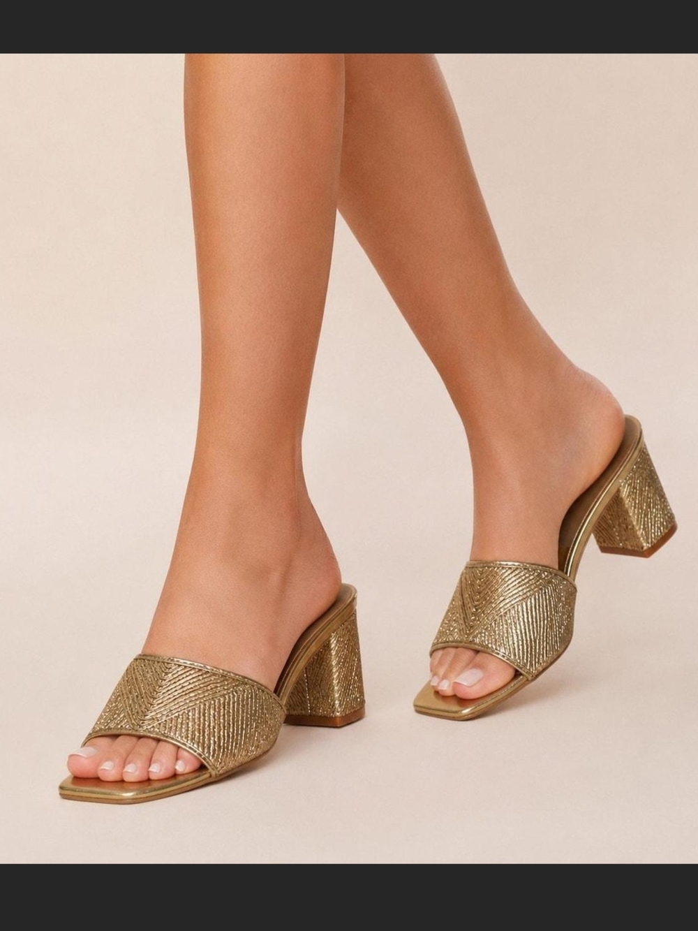 Women's Gold Textured Block Heel Slide Sandals